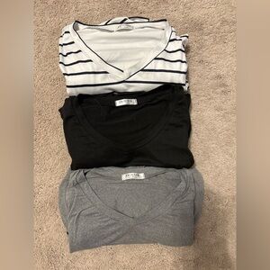 Ekouaer Maternity V-Neck Top Set in Gray, Black & White/Black Stripe